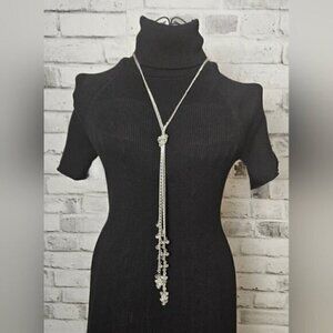 Silver Plated Crystal Lariat Scarf Necklace Long Y Drop Statement Chain